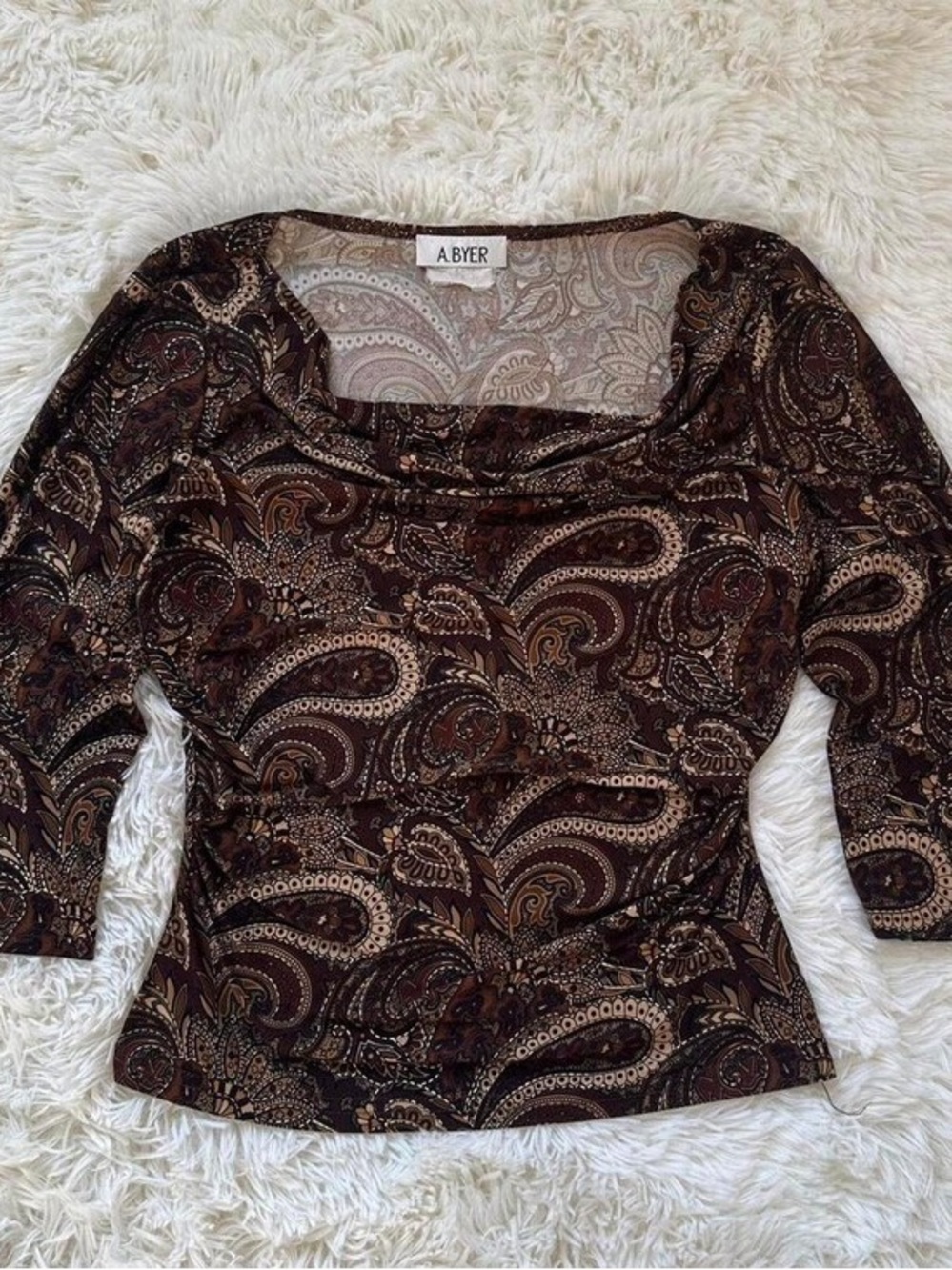 A. Byer Brown Paisley Square-Neck Long Sleeve Top